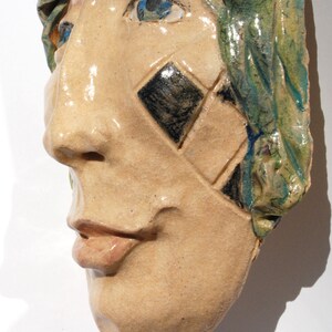 Ceramic mask, Clay Mask, hand sculpted, Wall Sculpture, Tarot fool, Carnival art, circus, Jester face, image 2