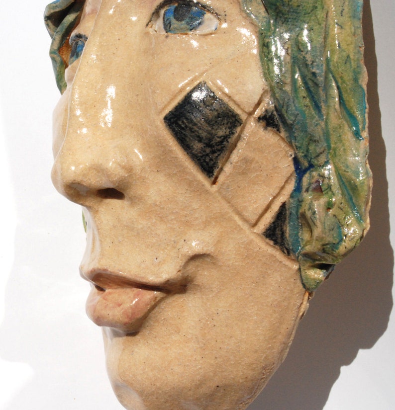 Ceramic mask, Clay Mask, hand sculpted, Wall Sculpture, Tarot fool, Carnival art, circus, Jester face, image 2