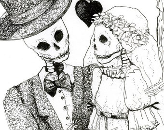 Day of the Dead, Skeleton Wedding, 8.5 x 11 inch fine art Giclee Print, from pen and ink Illustration