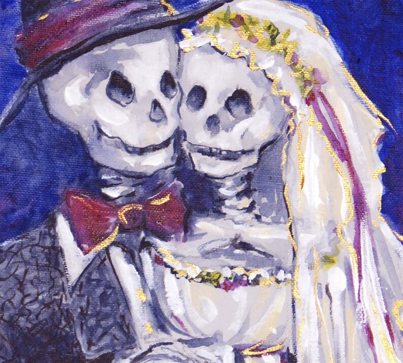 Skeleton Day of the Dead Wedding, Giclee Print, 5 x 7 matted to fit 8 x 10 from Acrylic painting image 2