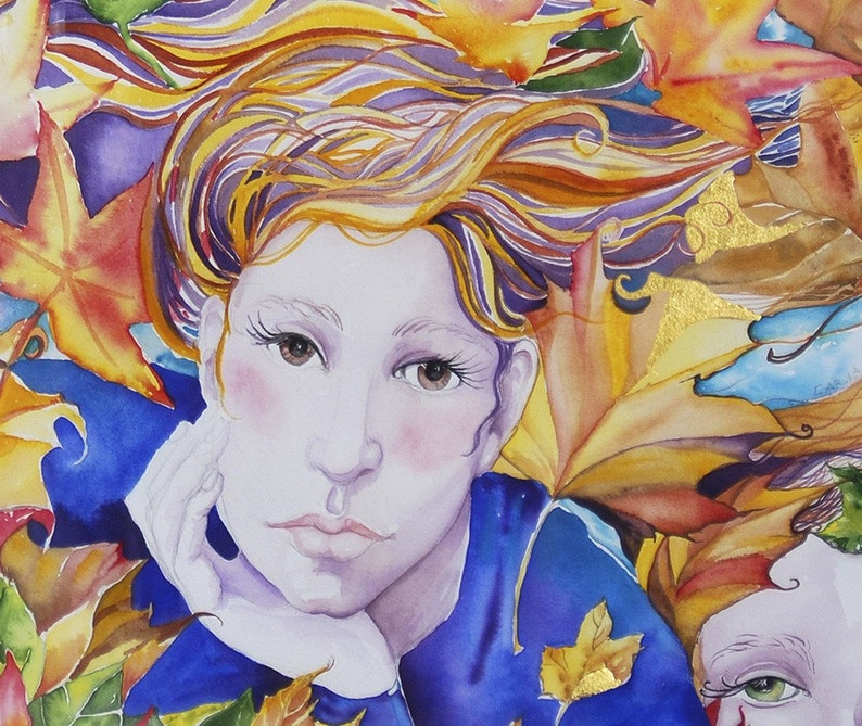 May include: A watercolor painting of a woman with long, flowing blonde hair. She is wearing a blue shirt and is surrounded by autumn leaves in shades of yellow, orange, and red.