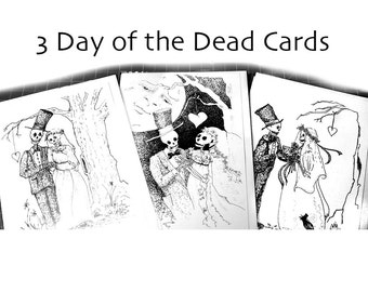 Skeleton wedding, Day of the Dead, Pen and Ink Drawing, 5 x 7 cards, bride and groom gift, halloween decor, gothic skeleton illustrations