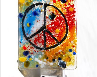 Night Light, fused glass, Hand Made, Groovy Peace sign, nightlight fixture, Tie dye colors, Glass night light, art glass, wall light,