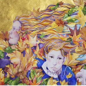 May include: A watercolor painting of two women with flowing hair surrounded by colorful autumn leaves. The background is a gold metallic color.
