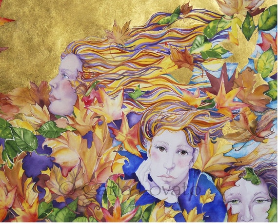 Goddess painting, Watercolor painting, fine art, Giclee print, 8 x 10 inch print, Autumn Leaves, 3 sisters, women portrait, bright yellow