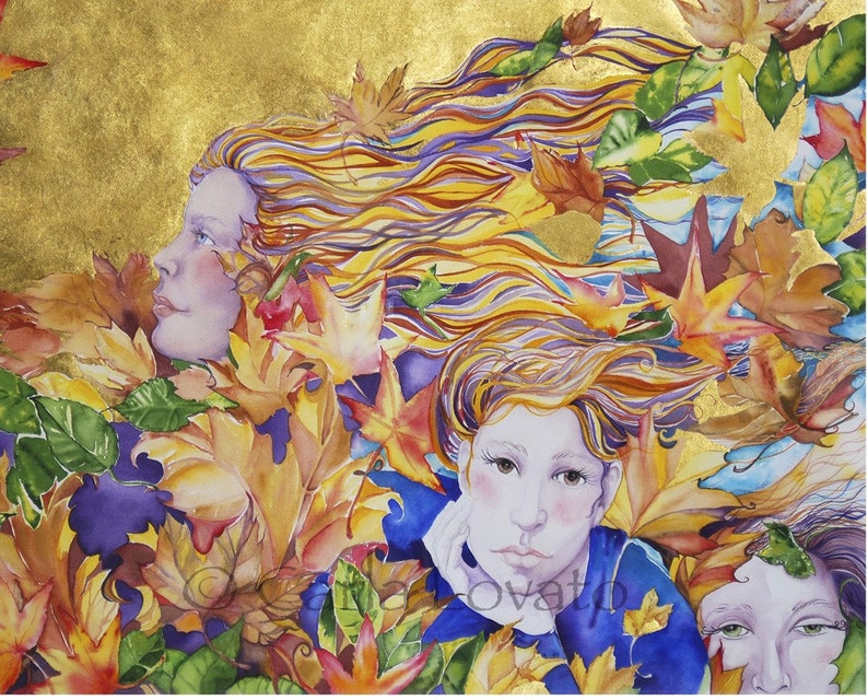 May include: A watercolor painting of two women with flowing hair surrounded by colorful autumn leaves. The background is a gold metallic color.