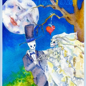 Skeleton wedding, Day of the Dead,  giclee Print,  full moon, gothic valentine,  Halloween art