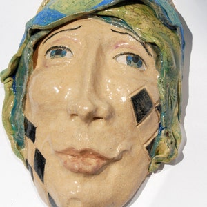 Ceramic mask, Clay Mask, hand sculpted, Wall Sculpture, Tarot fool, Carnival art, circus, Jester face, image 3