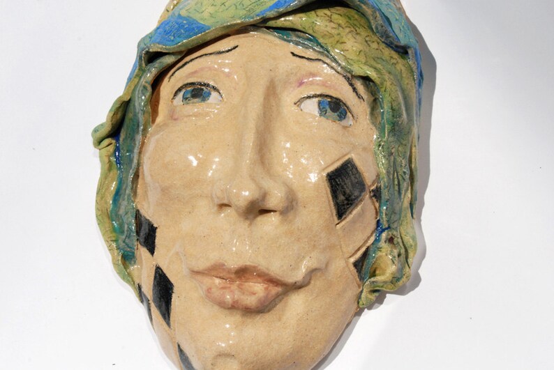 Ceramic mask, Clay Mask, hand sculpted, Wall Sculpture, Tarot fool, Carnival art, circus, Jester face, image 3