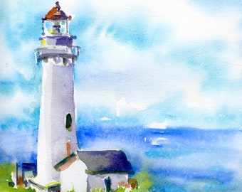 Yaquina Light House, watercolor, Giclee Print 5 x 7 in Newport Oregon
