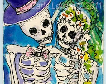 Day of the Dead Wedding Skeleton print  - Mini Painting ACEO  Wedding gift, Halloween wedding, Valentines day, gothic decor