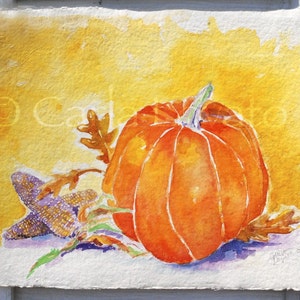 Pumpkin Painting, Original Watercolor, still life, Autumn Decor, Fall Painting, Halloween art, October art, cottage decor image 1