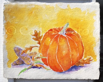 Pumpkin Painting, Original Watercolor, still life, Autumn Decor, Fall Painting, Halloween art, October art,  cottage decor