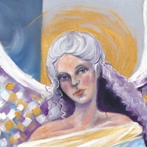 May include: A painting of an angel with white hair and purple wings. The angel has a halo of gold and is wearing a white and gold dress.