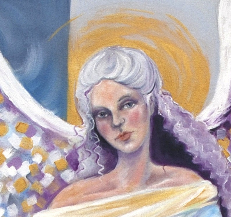 May include: A painting of an angel with white hair and purple wings. The angel has a halo of gold and is wearing a white and gold dress.