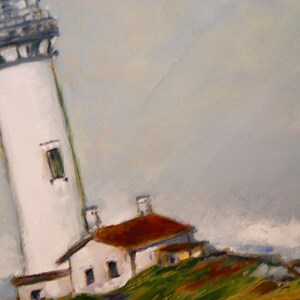 May include: A white lighthouse with a red roofed building attached to it. The lighthouse is tall and slender, with a black and white striped top. The building has a small window and a red roof. The scene is painted in a loose, impressionistic style, with a cloudy sky and a hint of ocean waves in the background.