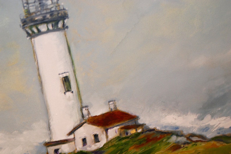 Lighthouse Painting, Original painting, oil on canvas, Yaquina lighthouse, Lighthouse decor, Ocean seascape, Oregon coast, Costal art, beach image 4