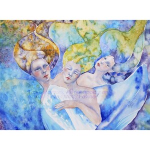 Goddess Painting, 5 x 7 Giclee Print, Watercolor painting, Goddess art, spirit painting, Three sisters, Muse, cobalt blue, teal blue image 1