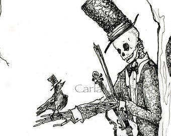 Skeleton with Fiddle and Crow, Pen and Ink illustration, 8.5 x 11 inch Giclee Print, Gothic, steampunk art