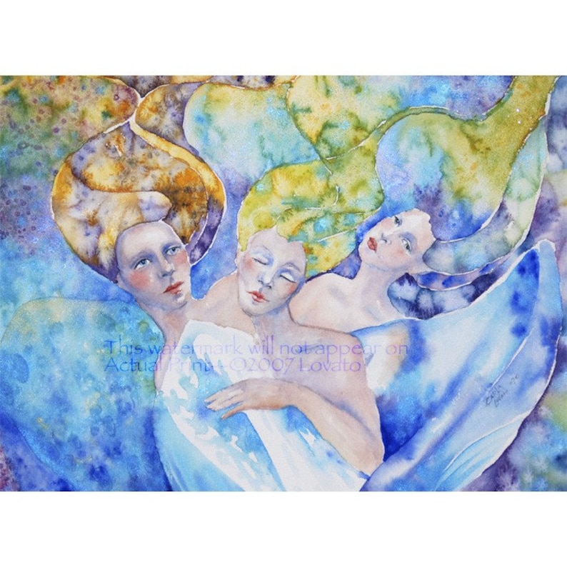 May include: Watercolor painting of three women with flowing hair and wings. The women are embracing each other and have a serene expression on their faces. The painting is done in shades of blue, yellow, and green.