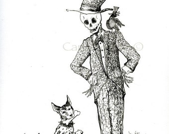 Skeleton with his Dog, Pen and ink Drawing, 8 .5 x 11 Giclee print, day of the dead, gothic, steampunk drawing,