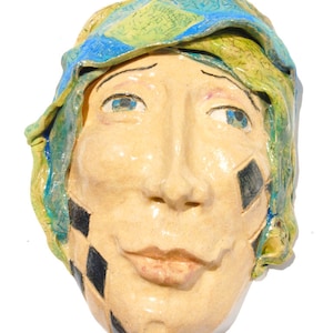 Ceramic mask, Clay Mask, hand sculpted, Wall Sculpture, Tarot fool, Carnival art, circus, Jester face, image 1
