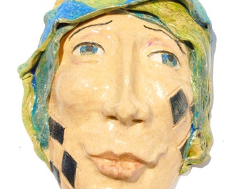 Ceramic mask, Clay Mask, hand sculpted, Wall Sculpture, Tarot fool, Carnival art, circus, Jester face,