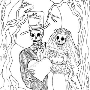 coloring pages, Skeleton Wedding, Color Page, Day of the Dead, digital downloaded, digital color page, adult coloring, Skeleton Bride image 1