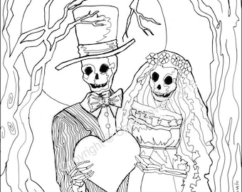 coloring pages, Skeleton Wedding, Color Page, Day of the Dead, digital downloaded, digital color page, adult coloring, Skeleton Bride