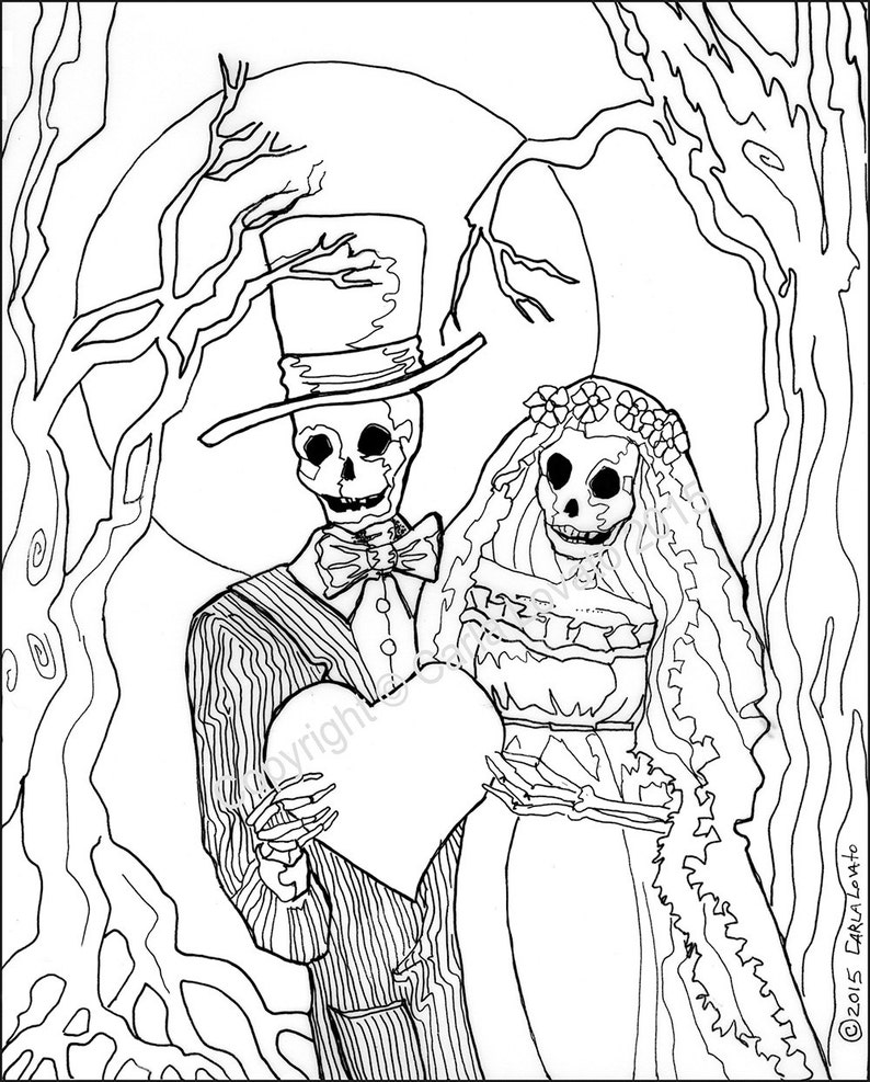 coloring pages, Skeleton Wedding, Color Page, Day of the Dead, digital downloaded, digital color page, adult coloring, Skeleton Bride image 1