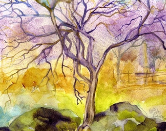 Watercolor Painting, Original watercolor, Abstract watercolor, tree Painting, watercolor landscape, Gold, purple, Cottage decor, winter  art