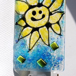 Sun night Light, fused glass, hand made, wall light, light fixture, sun face, blue and yellow
