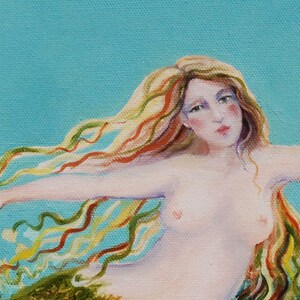 Mermaid Painting, Original oil painting, Nude mermaid, Nautical Art, Oil on Canvas, 16 x 20 inches, With 23 kt gold accents image 3