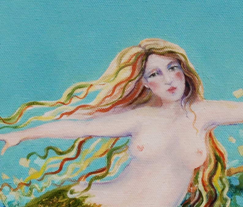 Mermaid Painting, Original oil painting, Nude mermaid, Nautical Art, Oil on Canvas, 16 x 20 inches, With 23 kt gold accents image 3