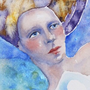 May include: A watercolor painting of a woman's face with blue eyes and a light blue background. The woman's hair is a mix of brown and gold.