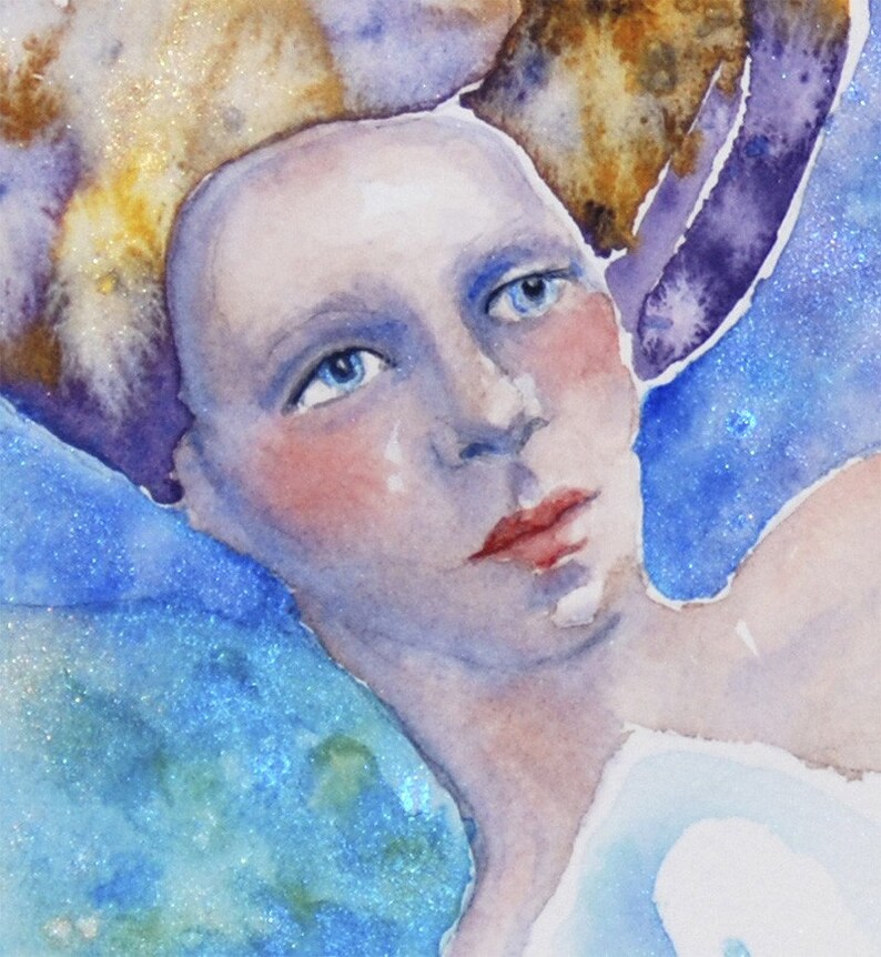 May include: A watercolor painting of a woman's face with blue eyes and a light blue background. The woman's hair is a mix of brown and gold.