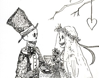 May include: Black and white line drawing of a skeleton couple getting married. The groom is wearing a top hat and a tuxedo. The bride is wearing a veil and a flower crown. A heart is hanging from a branch above them.