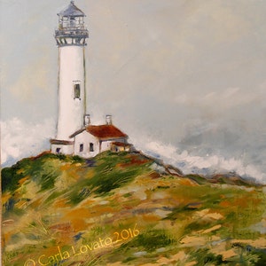 May include: A white lighthouse with a red roof stands on a grassy hilltop against a cloudy sky. The lighthouse has a tall, cylindrical tower with a small, square building attached to the base. The hill is covered in green grass and brown dirt. The sky is a light blue with white clouds.