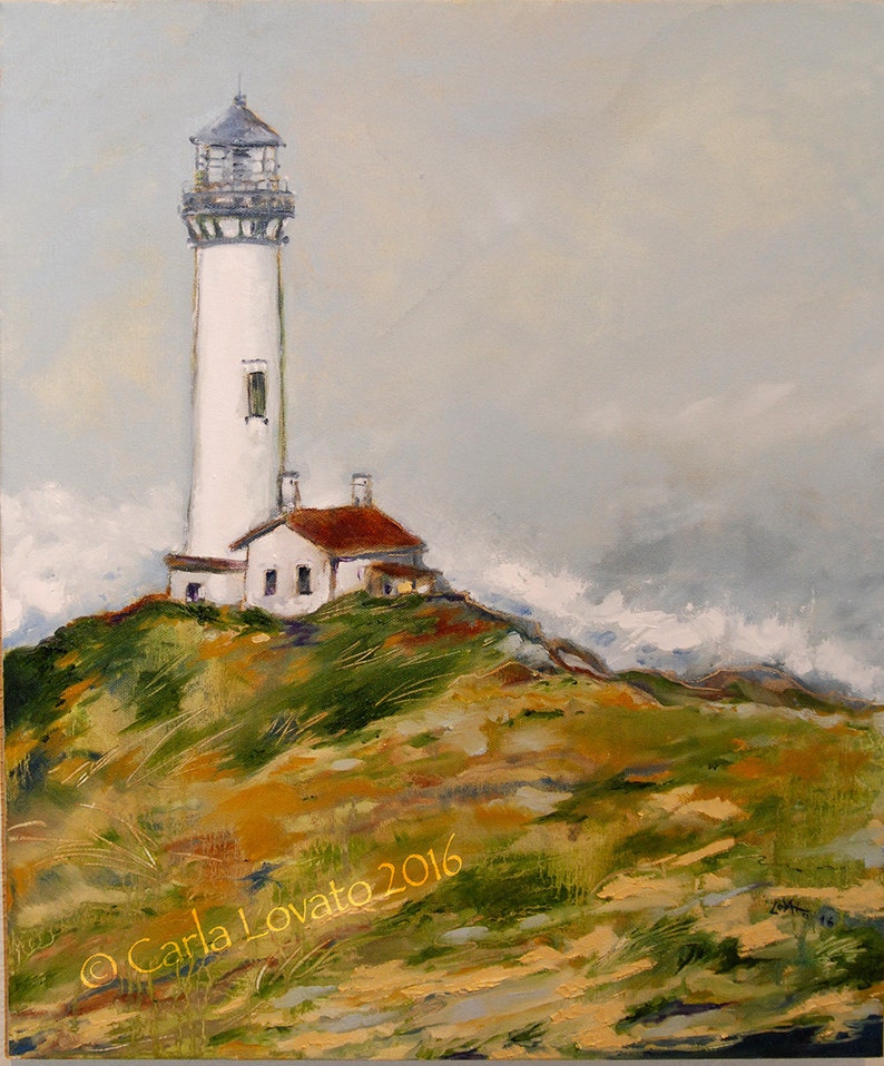 Lighthouse Painting, Original painting, oil on canvas, Yaquina lighthouse, Lighthouse decor, Ocean seascape, Oregon coast, Costal art, beach image 3