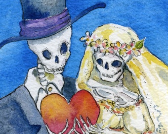 Skeleton wedding, Day of the dead, skeleton bride and groom, Giclee Print 5 x 7, Matted to fit your 8 x 10 frame