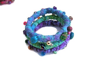 Hippie Gypsy Wire Beaded Bangle Bracelets Set of Three/ BOHO Bangle bracelets
