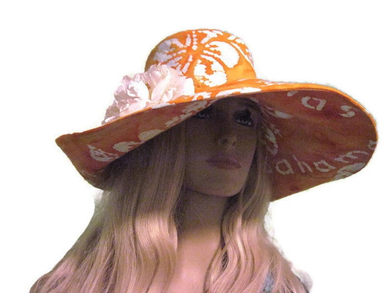 Orange White Tropical Flower Print Wide Brim Sun Hat
