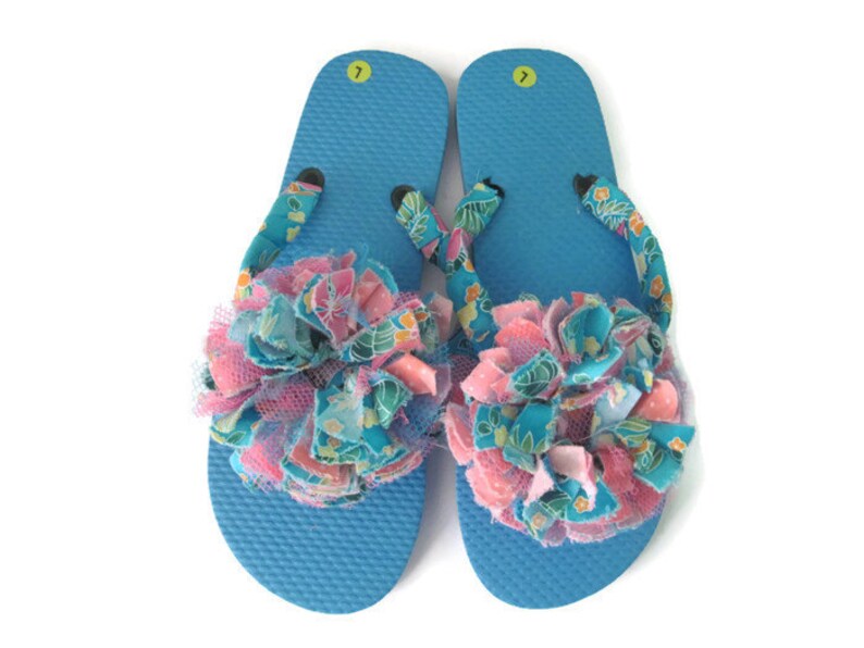 Decorated Flip Flops Blue with Pink Flower Trim Boho Summer | Etsy