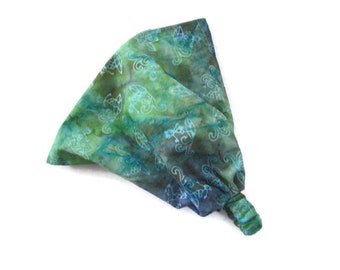 Batik Blue Green Print Hippie Head wrap Gypsy Head Band