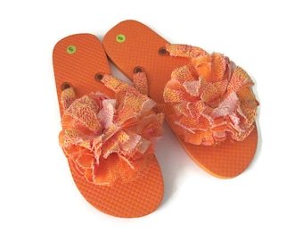 Decorated Flip Flops Orange Print Floral Trim Summer Beach Boho