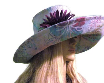 Blue Tropical Floral Batik Print Wide Brim Sun Hat