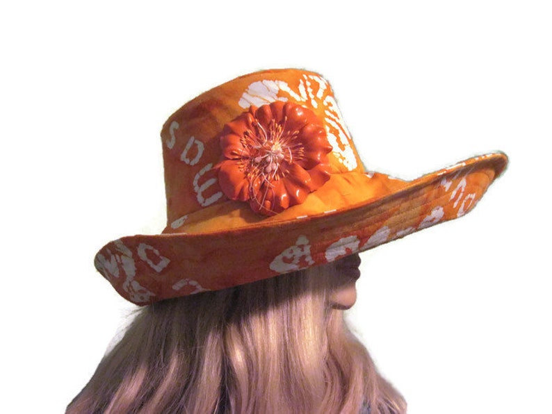 Orange White Tropical Flower Print Wide Brim Sun Hat