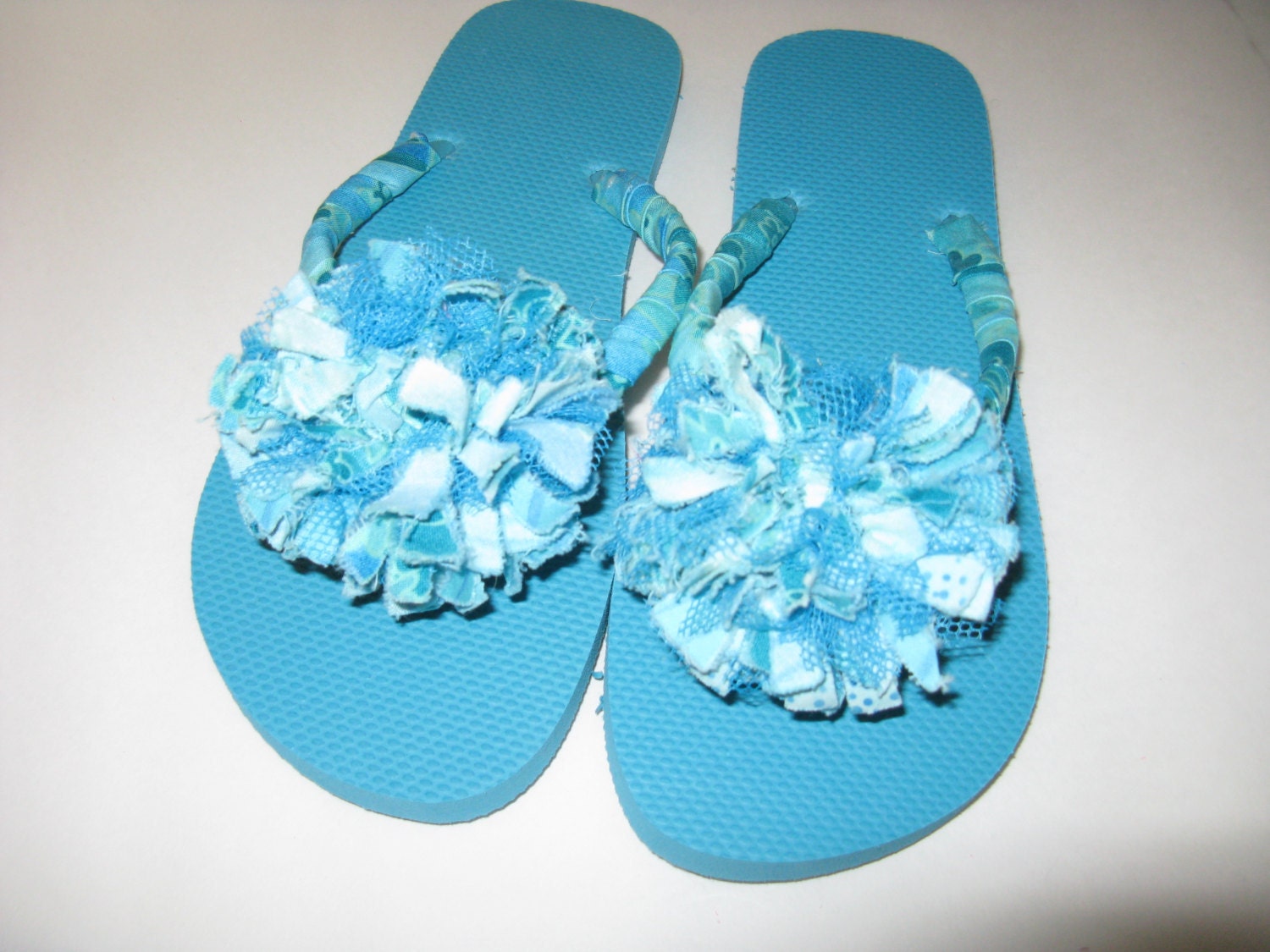 Turquoise Flip Flops Decorated Fabric Flower Flip Flops Summer Etsy