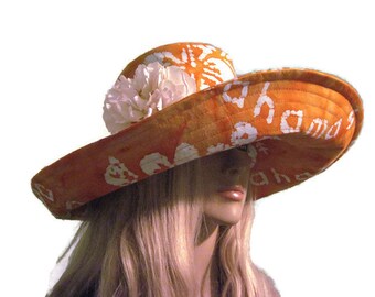 Orange White Tropical Flower Print Wide Brim Sun Hat