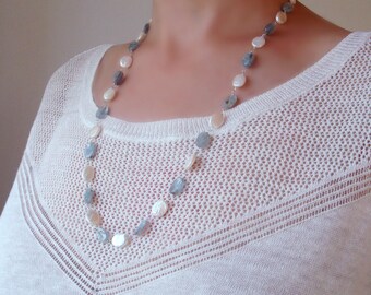 Blue Kyanite Rose Quartz Handmade chain rosary style necklace and earrings. Blue Kyanite rosary Necklace
